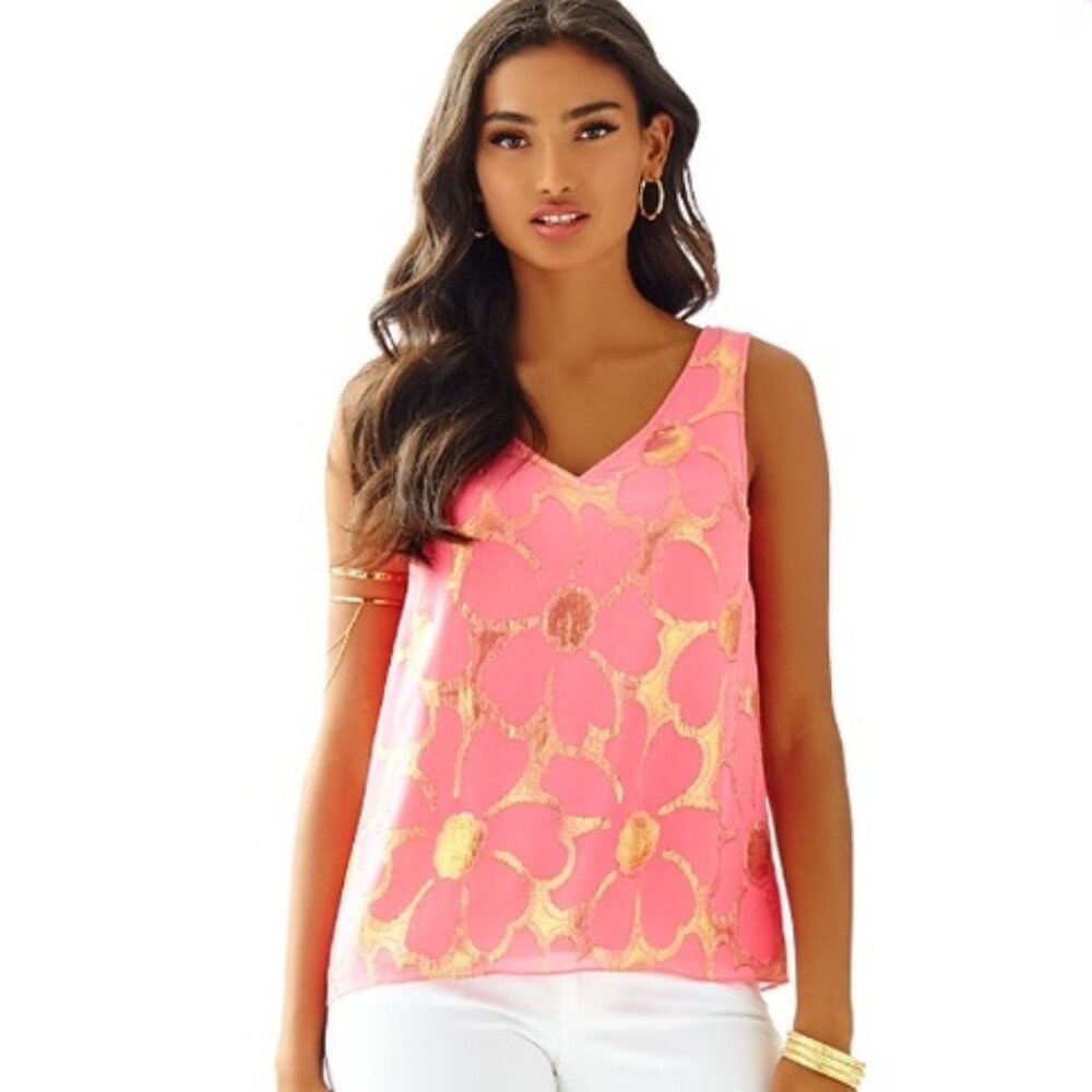 NWT NEW LILLY PULITZER CIPRIANI SILK TOP M PINK SUNRAY FLORAL CLIP CHIFFON SHIRT